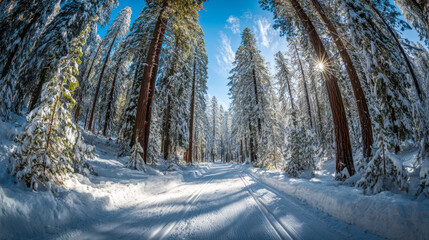 Snow-covered forest trail winding through tall evergreen trees under a bright winter sun with clear blue sky and fresh snow on the ground