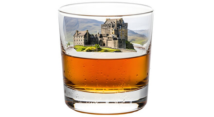 Shot glass with whiskey and castle image against black background