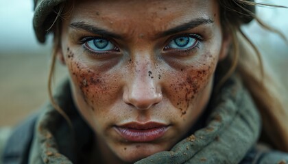 Obraz premium Face closeup of woman soldier. Dirt covers face. Blue eyes stare intently forward. Female shows grit, determination, strength, resilience in dramatic modern conflict portrait. Fights for survival.