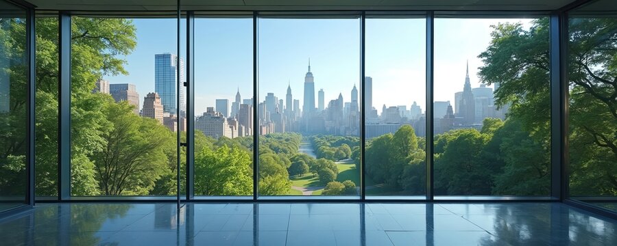 Office interior views NYC skyline via glass. Green trees blend architecture. Urban cityscape seen far. Modern design meets eco friendly elements. Buildings contrast nature in tranquil indoor space.