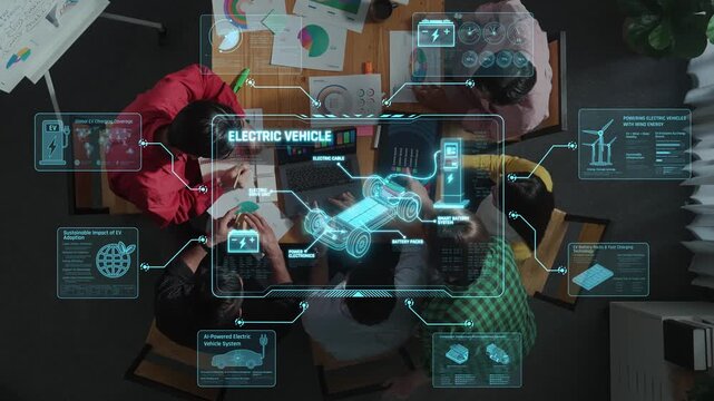 A diverse group of professionals collaborates on electric vehicle technology in a modern workspace, using digital tools and interfaces to visualize data and concepts. Raster