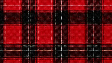 Red and black plaid fabric with a black and white pattern. The red and black colors are bold and the black