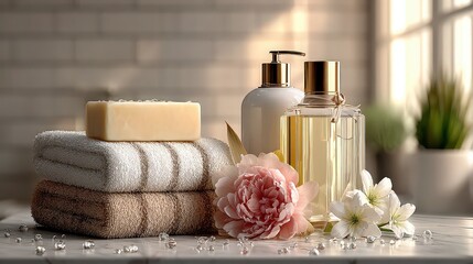 Spa wellness arrangement with towels, soap, and skincare bottles, beauty product display for self-care concepts, relaxation visuals, health and wellness marketing