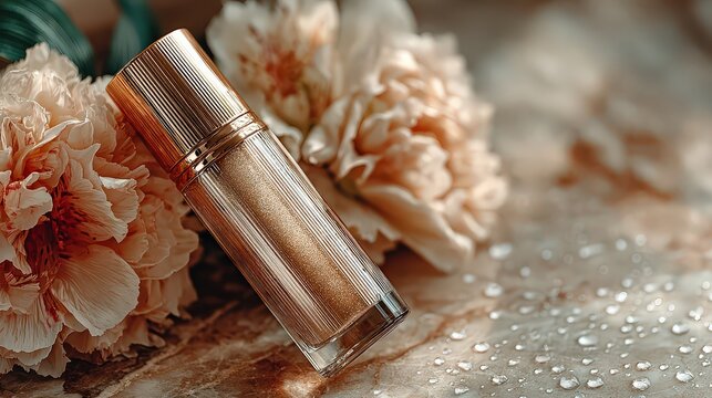 Cosmetic glitter lip product with floral background, beauty product flatlay for makeup branding, feminine aesthetics, skincare marketing, luxury cosmetic visuals