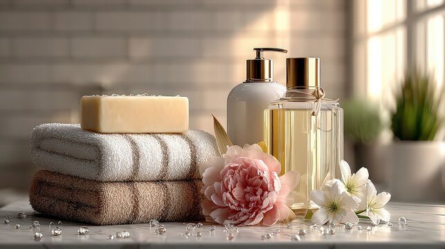 Spa wellness arrangement with towels, soap, and skincare bottles, beauty product display for self-care concepts, relaxation visuals, health and wellness marketing