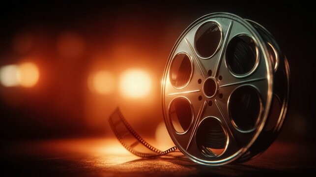 Silver film reel with a black background. The background is lit up with a warm orange glow