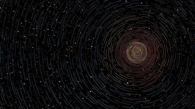 Spiral of stars and a bright yellow spot in the middle. The yellow spot is surrounded by a dark blue and red swirl