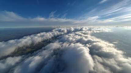 Point of view flying through bright white clouds toward a distant ground below, creating a cinematic aerial descent with depth, motion, and a sense of speed and freedom in open sky.
