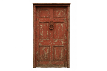 Old wooden red door with weathered red paint and rustic knocker on transparent background, symbolizing entrance and history