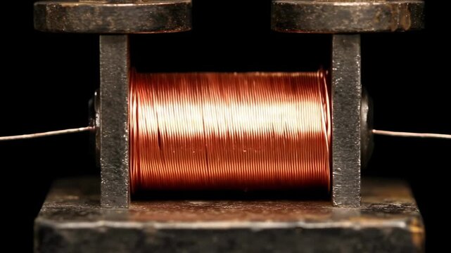 Close medium shot of copper rod shaping under controlled mechanical pressure emphasizing uniform rod diameter and texture during industrial production.
