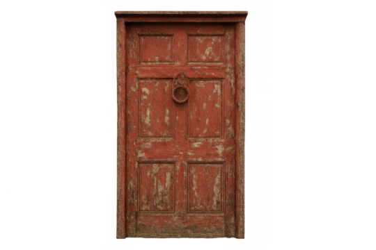 Old wooden red door with weathered red paint and rustic knocker on transparent background, symbolizing entrance and history