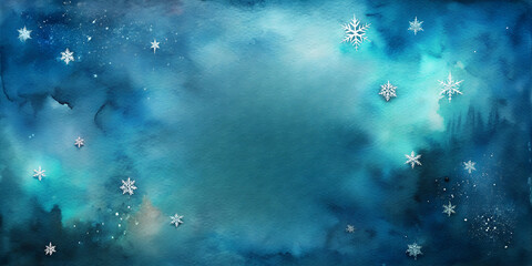 winter watercolor background in deep blue tones, featuring scattered snowflake accents and soft atmospheric texture. Perfect for holiday greeting cards, winter posters, social media banners
