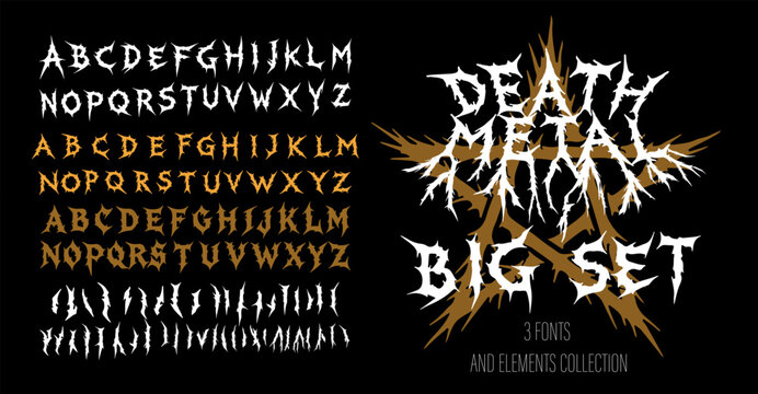 Big set of jagged, spiky death metal fonts in white and gold on a black background, with chaotic, aggressive shapes. The style is dark, bold, and energetic, ideal for metal music themes.