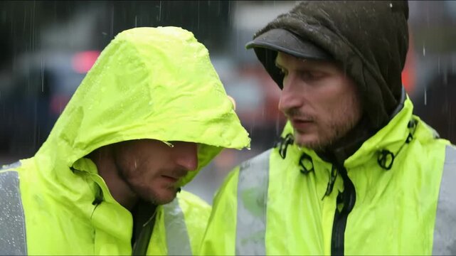 Engineers inspecting highvisibility protective suits designed to withstand harsh environmental conditions.