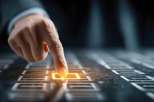 Businessman pressing a glowing illuminated button on a futuristic touchscreen interface representing decision-making and technology innovation in the workplace