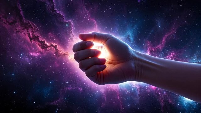 A cosmic spark falls onto a human hand, and glowing green sprouts emerge from a clenched fist—symbolizing rebirth, healing, and the transformation of celestial energy into life.
