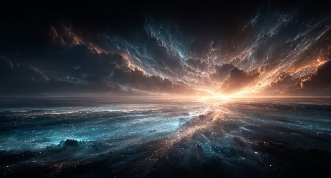 Beautiful, colorful, and serene ocean scene with a bright sun shining through the clouds