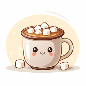 Kawaii mug of hot cocoa with smiling marshmallows on top, pastel browns and creams, soft rounded vector illustration, white background