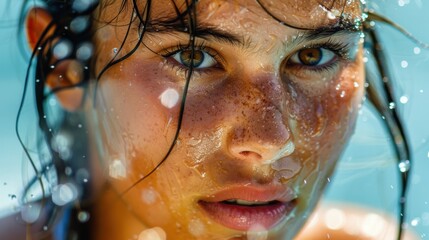 close-up of female players sweat-drenched face on hard court