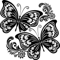 Tropical butterflies of different colors set. Vector illustrations of insects with multicolored wings. Cartoon blue yellow orange green violet red animals isolated white. Fantasy, tattoo concept