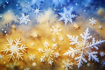 winter watercolor background with a glowing blend of golden and deep blue tones, decorated with detailed snowflakes and soft light effects holiday cards, seasonal invitations, festive posters