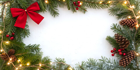 Christmas border made of pine branches, a bright red bow, berries, pinecones and warm holiday lights surrounding a clean white center space. Perfect for greeting cards, invitations, holiday flyers