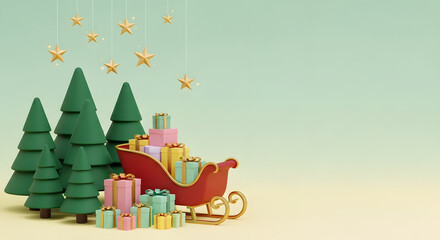 Cute cartoon 3D render santa sleigh full of christmas gifts presents pine trees gold stars winter holiday celebration pastel background