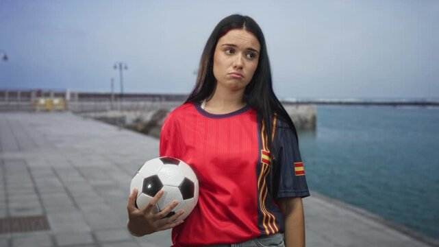 Young hispanic woman and soccer fan holding a soccer ball with a pout and closed eyes wearing a red spain jersey on a seaside pier; disappointment.