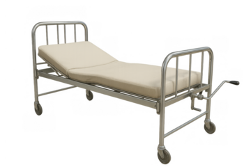 Empty hospital bed with metal frame ready for medical care and recovery, transparent background