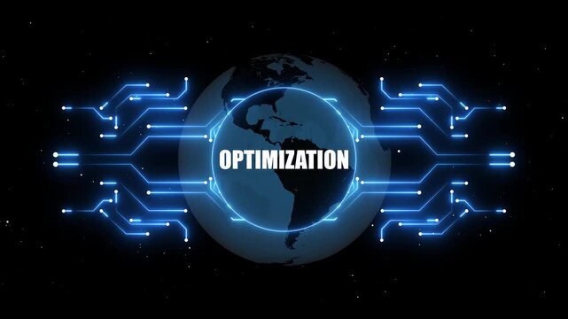 Earth globe with glowing blue circuits and the word OPTIMIZATION in the center optimization