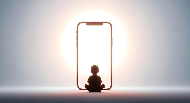 Silhouette of a child meditating inside a large smartphone screen frame with bright backlight, symbolizing Generation Alpha digital world immersion, screen time effects,
