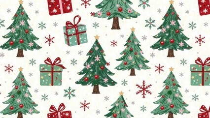 Seamless Christmas pattern with hand-drawn decorated trees, snowflakes and gift boxes on a white background, ideal for holiday packaging, textile prints, wrapping paper, festive branding projects, ads