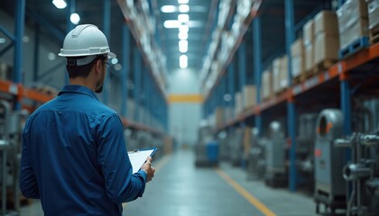 Worker in white helmet checks clipboard inside large warehouse with high shelves full of boxes. Industrial background, logistic process. Man inspects inventory.