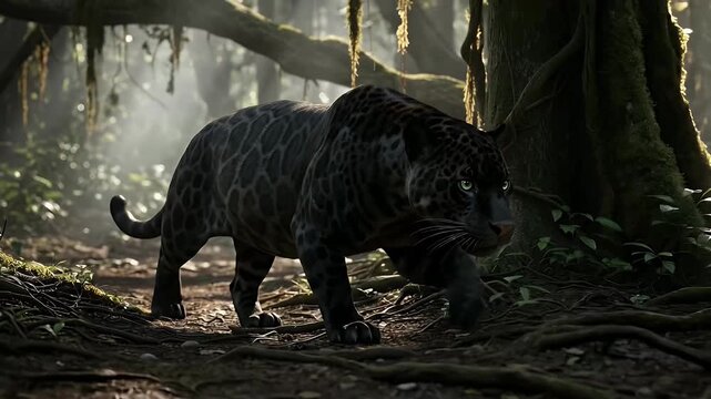 A majestic black panther with piercing green eyes prowls silently through a dense, lush jungle environment. Dappled sunlight filters through the thick canopy, illuminating the humid forest floor cover