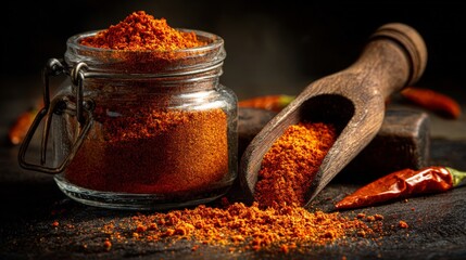 Glass jar containing bright red chili powder, wooden scoop pouring spices onto dark wood, enhancing culinary creativity and flavor exploration in the kitchen