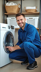 Obraz premium Smiling repairman in blue uniform repairs washing machine at home. Guy fixes appliance. Professional worker servicing washer in apartment. Laundry interior with handyman. Home appliance maintenance,