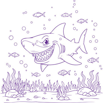 Smiling cartoon shark with fish and seaweed underwater drawing vector illustration