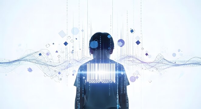 Silhouette of a child with a glowing digital barcode projection on their back, symbolizing Generation Alpha digital identity, data privacy, unique profile, and virtual future
