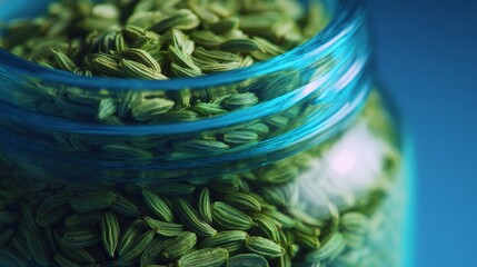 Close-up of green fennel seeds in a transparent jar, highlighting their rich texture and color, placed on a blue backdrop, perfect for culinary and health-related themes