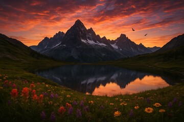 Dramatic sunset over mountain lake with wildflowers