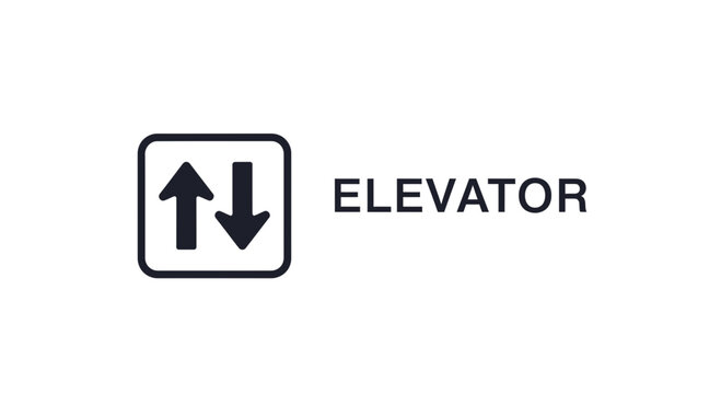 A sign with a square containing up and down arrows, next to the word "ELEVATOR".