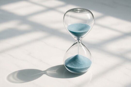 Timeless Measure: A clear glass hourglass filled with blue sand, casting shadows on the bright surface, represents the passage of time and the urgency to seize the moment.