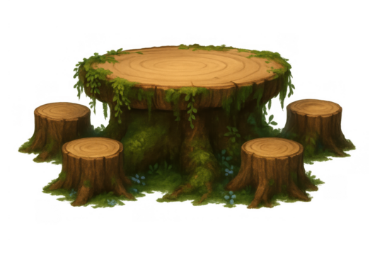 Fantasy tree stump table set with four wooden stools, enchanted forest furniture for game design elements on transparent background