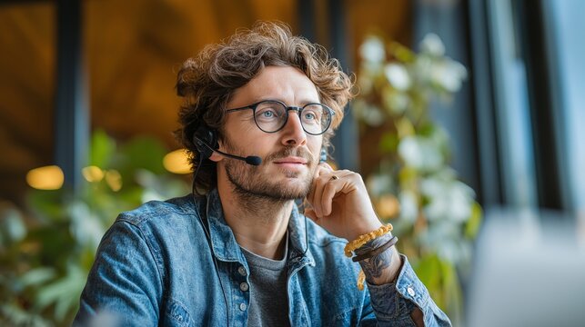 Man with headset and glasses sitting by window with natural light, thoughtful expression, casual denim shirt, remote work, indoor office, green plants in background