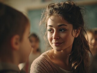 Young woman with a kind smile engaging with a child, showing a moment of shared connection and warmth.