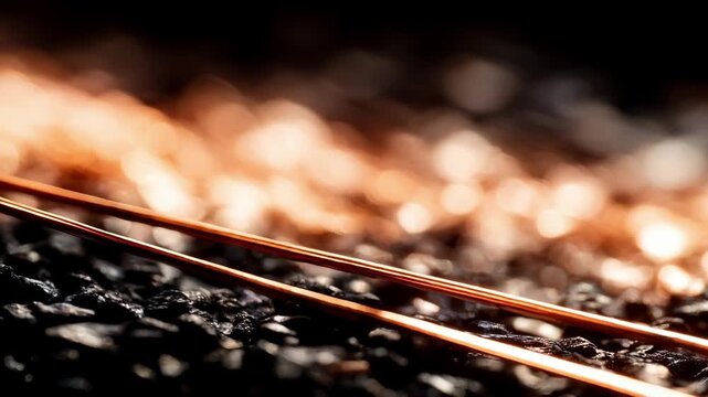 Close medium shot of copper rod shaping under controlled mechanical pressure emphasizing uniform rod diameter and texture during industrial production.