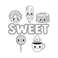 Kawaii sweet treats coloring page with donut popsicle and pancakes