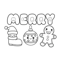 Merry Christmas outline drawing ready for coloring with cute holiday characters