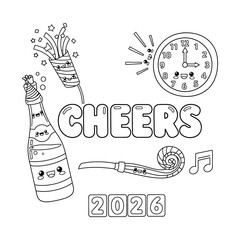 New Year 2026 celebration outline featuring champagne, clock, and party popper