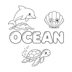 Ocean coloring page with dolphin, seashell, and sea turtle for children